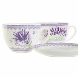 Taza con Plato DKD Home Decor Blanco Verde Lila Porcelana 220 ml (2 Unidades)