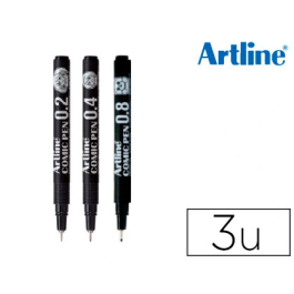 Artline Rotulador Comic Pen Calibrado Micrométrico Negro Bolsa 3uds 0.2 0.4 0.8 mm Punta Metálica Base Agua