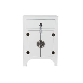DKD Home Decor Mesita de Noche Oriental Blanca/Plateada 34x66x45 cm Abeto y MDF con 1 Cajón y 2 Puertas Colección Honami