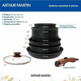 Arthur Martin Batería de Cocina 8 Piezas de Aluminio Antiadherente: 3 Ollas, 2 Cacerolas, Sartén. Mango Extraíble para Inducción