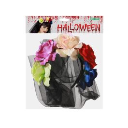 Diadema Halloween Velo Corto Flores Multicolores para Disfraz Catrina Día de Muertos