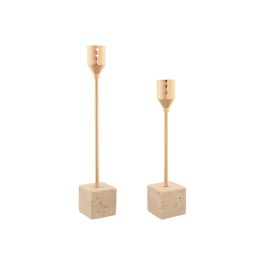 DKD Home Decor Candelabro Scandi de Mármol Travertino y Metal Dorado Beige, Set de 2 Unidades, Medidas 4x25x4 cm para Decoración Hogar