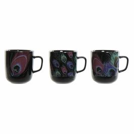 Taza Mug DKD Home Decor Porcelana Negro Rosa (11.5 x 8.5 x 10 cm) (3 pcs) (380 ml)