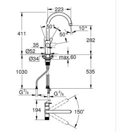 GROHE 30592000 Grifo de Cocina con Sistema de Filtración de Agua Blue Pure StartCurve Cromo, Caño Alto en C, Rotación 150°
