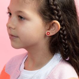 Disney Set 3 Pares Pendientes Stitch, Scrump y Flores Rojos Bañados en Plata