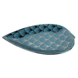 DKD Home Decor Centro de Mesa Oriental Colección Fana de Porcelana Turquesa con Diseño de Hoja. Dimensiones: 27.5 cm Ancho x 16 cm Largo x 3 cm Alto.