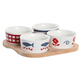 DKD Home Decor Set Casitas Aperitivo 5 Piezas Gres Bambú Azul Rojo Blanco Natural Mediterráneo Apto Lavavajillas 19.7x19.7x1 cm