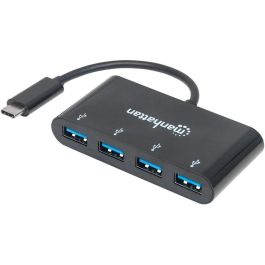 MANHATTAN Hub USB-C 3.2 Gen 1 a 4 Puertos USB-A 5Gbps, Negro, Cable 0.2m, Alimentación USB, Hot-swap, Plug&Play