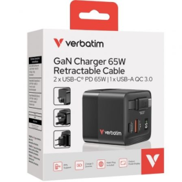 Cargador de Pared Universal Verbatim GaN Charger/ 1xUSB Tipo-C/ 1xUSB/ 1xUSB Tipo-C Macho/ 65W