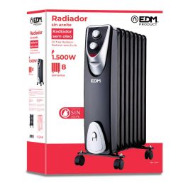Edm Radiador sin aceite Black Edition con 8 elementos 500/1000/1500 W | Calentamiento rápido | Termostato de alta precisión | Ruedas y asa de transporte