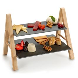 Kinvara Estante Pizarra Rectangular 2 Pisos de Cerámica y Madera de Pino Negro 20x27x37 cm (8 Unidades)