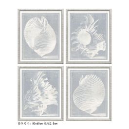 DKD Home Decor Cuadro Mediterráneo con Diseño de Caracolas, Azul y Blanco, en Cristal y Ratán, 60x50x2 cm. Set de 4 Unidades.
