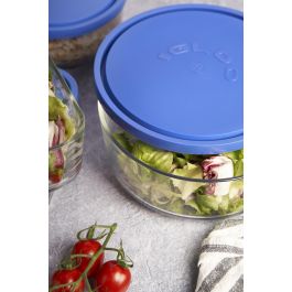 Borgonovo Fiambrera Redonda con Tapa Azul, Colección Igloo, Cristal, Ø 21.5 cm x 9 cm, 2200 cc (6 Unidades)