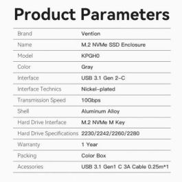 Vention KPGH0 Caja Externa para Disco SSD M.2 NVMe USB-C 3.1 Gen 2 10Gbps sin tornillos de Aluminio compatible 2230-2280 Gris