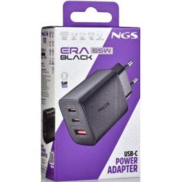NGS Cargador Pared GaN ERA 65W BLACK 2xUSB Tipo-C, 1xUSB-A Carga Rápida Ultrarrápida 65W