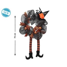 Corona Decorativa Halloween 70 cm con Piernas de Bruja, Sombrero, Lazos y Malla - Decoración Única y Divertida