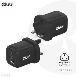 Club3D Cargador de viaje PPS GaN 65W, 2x USB-C + 1x USB-A, Carga Rápida PD 3.0 para Móviles y Portátiles, Negro