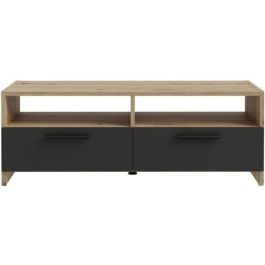 Mueble TV PILVI - Estilo contemporáneo - Decoración Roble y Negro - 2 solapas + 2 nichos - L 95 x P 36 x H 34,5 cm Precio: 88.50000016. SKU: B12HDNNGGE