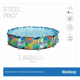 Bestway Piscina elevada Steel Pro 305x66 cm, redonda con diseño animal, estructura metal anticorrosión, 4.062 L, PVC 3 capas