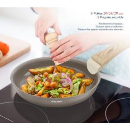 Arthur Martin AM4587 Juego de 3 sartenes de cerámica, Ø 20-24-28 cm, aptas para inducción, con mango extraíble, color topo