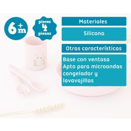 KioKids Set Vajilla Rosa de Silicona con Ventosa para Bebé, 4 Piezas, Plato Tenedor Cuchara y Vaso, Colección Lovely Friends, Edad +6 Meses