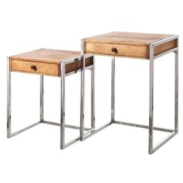 DKD Home Decor Mesita Auxiliar Loft Set de 2 Natural Plateado Mango y Acero 41 x 66.5 x 45.5 cm