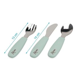 KioKids Set de Cubiertos Infantiles de Acero Inoxidable y Silicona Verde Salvia | Colección Little Sauvages | Recomendado +6 Meses