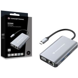 Conceptronic DONN21G Docking Station 7 en 1 USB-C a HDMI 4K, VGA, LAN GbE, USB 3.0 x3, PD 100W, Gris