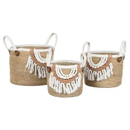 DKD Home Decor Cesta de Almacenamiento Boho Natural/Blanco de Fibra y Algodón 33x38x33 cm, Set de 3 Unidades