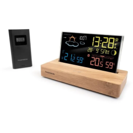 Thomson THO3499550389302 Reloj Despertador Estación Meteorológica Madera Oscura con Temperatura, Higrometría, Alarma Dual, USB-C y Sonda Inalámbrica