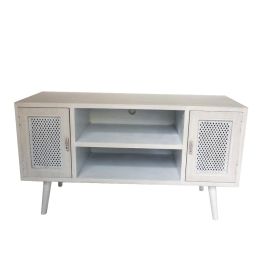 DKD Home Decor Mueble TV Moderno Blanco Madera MDF 110 cm Ancho, 41 cm Fondo, 61 cm Alto, 2 Puertas y 1 Estantería Desmontable