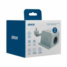 Simon - Base Combiflat 2 Tomas Schuko 16A 250V + 2 USB-A + 2 USB-C + Carga Inalámbrica 10W con Soporte y Fijación, Blanco