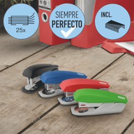 Petrus Grapadora Recycle 210 roja 25 hojas, 100% reciclada, de sobremesa, acero y plástico reciclado para oficina u hogar