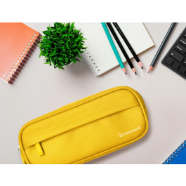 Liderpapel Estuche Portatodo Classic Ovalado con Dos Cremalleras y Bolsillo Delantero, Amarillo, 210x90x60mm