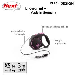 Flexi Correa Retráctil Black Design XS para Perros, Cordón Rosa de 3 Metros, Carcasa Negra, Plástico/Nylon Resistente