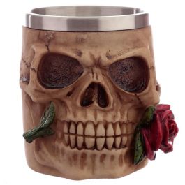PUCKATOR Taza Calavera y Rosas de Resina y Acero Inoxidable - 10,5x10,5x15,5cm