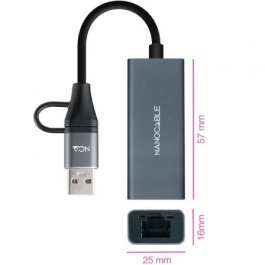 NANOCABLE CONVERSOR USB-C+USB-A/M 3.0 ETHERNET GRIS 15CM