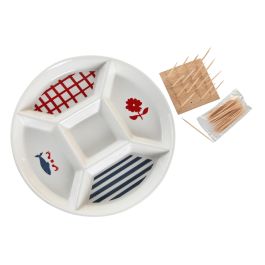 DKD Home Decor Aperitivo Mediterráneo Colección Casitas de Gres y Bambú, Azul, Rojo y Blanco, 23.5x23.5x7cm, Apto Lavavajillas