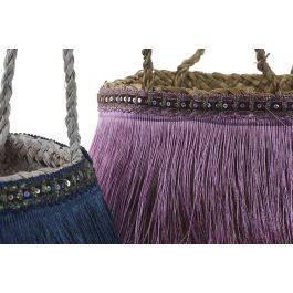 DKD Home Decor Cesta Boho Lila Azul 34 x 40 cm (4 Unidades) con Flecos Hecho a Mano Reciclable
