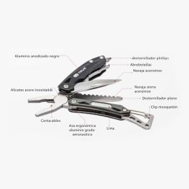 True Multiherramienta 9 en 1 con alicates, cuchillo, sierra, destornilladores y abrebotellas, acero inoxidable y aluminio aeronáutico True Multiherramienta 9 en 1 con alicates, cuchillo, sierra, destornilladores y abrebotellas, acero inoxidable y aluminio aeronáutico