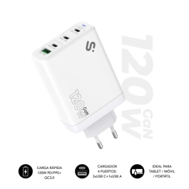 Subblim SUBCHG-6G1204 Cargador de Pared GaN Ultra Rápido 120W con 3x USB-C y 1x USB-A para Portátiles, iPhone, iPad, Galaxy y Smartphones Blanco Precio: 50.79000047. SKU: B1EKMD4QSM