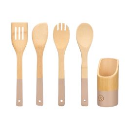 Kinvara Set 4 Utensilios de Cocina con Soporte de Bambú 30x6x0,8 cm + Soporte 7,3x7,3x16,5 cm (12 Unidades)