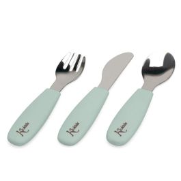 KioKids Set de Cubiertos Infantiles de Acero Inoxidable y Silicona Verde Salvia | Colección Little Sauvages | Recomendado +6 Meses
