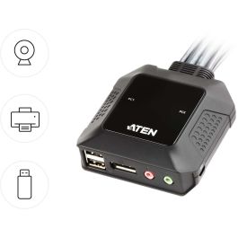 Aten Switch KVM de Cable USB DisplayPort de 2 Puertos con Selector Remoto CS22DP - Video 2560x1600@60Hz para PC, Mac, Linux