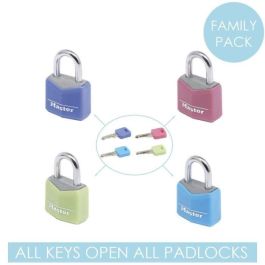 Master Lock Lote de 4 Candados Semiabiertos de 20mm, Colores Surtidos, Cuerpo de Aluminio Sólido, para Equipaje, Maleta y Mochila Master Lock Lote de 4 Candados Semiabiertos de 20mm, Colores Surtidos, Cuerpo de Aluminio Sólido, para Equipaje, Maleta y Mochila