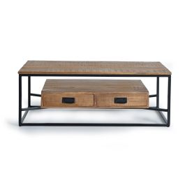 GINER Y COLOMER Mesa de Centro Industrial con Cajones en Madera de Mango y Metal Natural 120x60cm