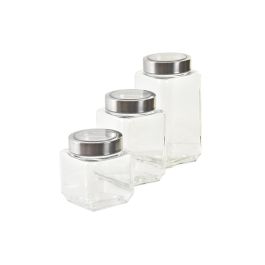 DKD Home Decor Bote Cristal Inox Transparente Plateado Set de 3 Piezas 8.5 x 18 x 8.5 cm