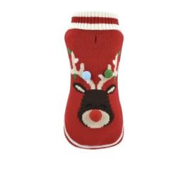 Nayeco Jersey para Perro Rudolf con Reno y Pompones, Diseño Festivo Rojo, Elástico para Cola, Adaptable, con Ojal para Correa, 35 cm