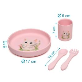 KioKids Set Vajilla Rosa de Silicona con Ventosa para Bebé, 4 Piezas, Plato Tenedor Cuchara y Vaso, Colección Lovely Friends, Edad +6 Meses