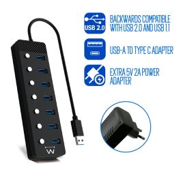 Ewent EW1147 Hub USB 3.0 de 7 Puertos con Interruptor y Adaptador de Corriente Incluido